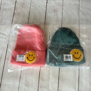 Lot Of 2 knitted ribbed Smiley Face Beanie Hat Women’s One Size Pink teal NEW